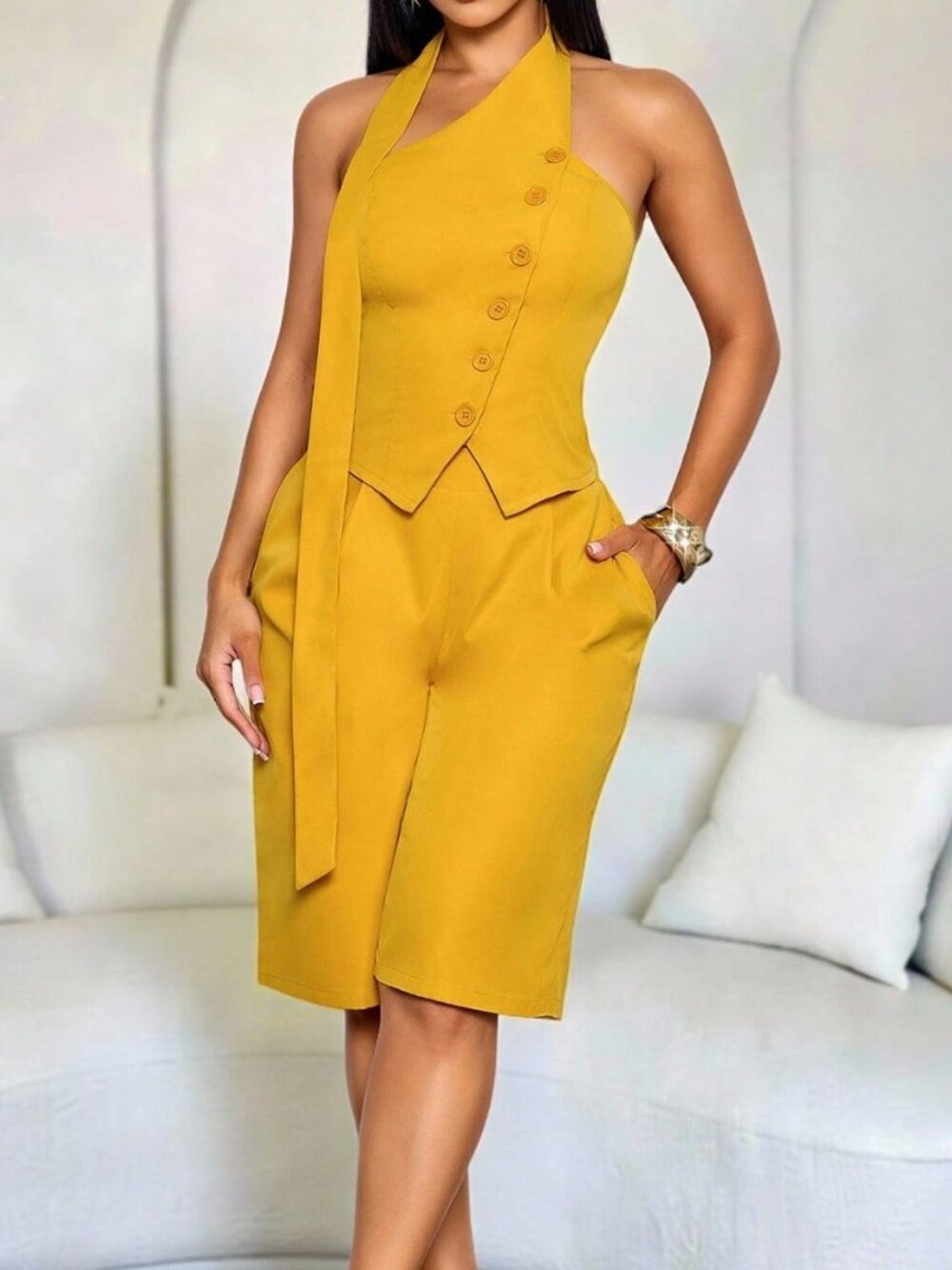 Yellow Elegant Women's Two-Piece Spring Set - Picture 5 of 9
